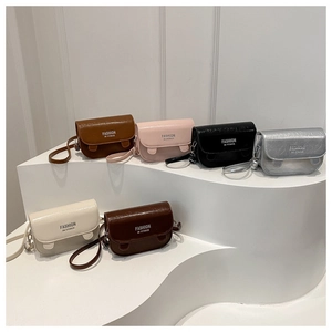 Minimalist crossbody bag display in six colors featuring high-gloss faux leather texture