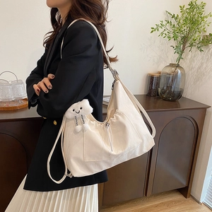 Minimalist large capacity cream white hobo shoulder bag with cute plush cloud charm