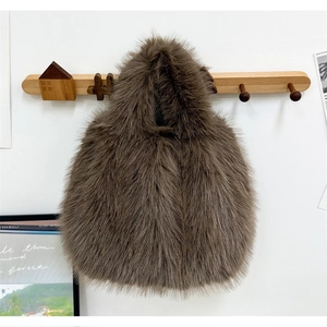 Sac à main chic en fausse fourrure marron pour femme avec poignée ronde mode automne-hiver