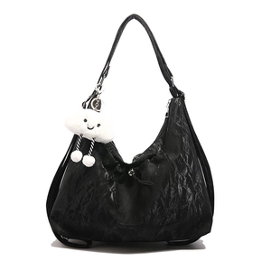Large capacity black textured tote bag for women with cute white cloud plush pendant charm
