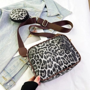 Leopard print crossbody bag set with small round coin purse and wide shoulder strap