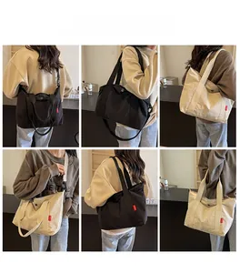 Detailed views of high-capacity nylon tote bag in black and beige colors with dual straps