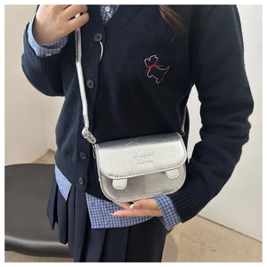 Close-up of metallic silver crossbody bag with textured faux leather and flap text detail