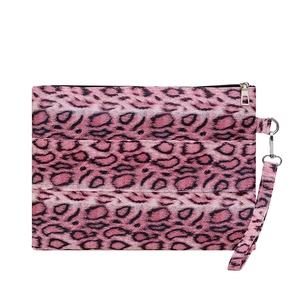 Pink and black leopard print clutch bag with zipper closure and wristlet strap