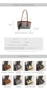 Detailed size chart and multi-color options for large capacity PU leather tote bag