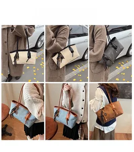 Collage of model wearing vintage tote bag in various colors for daily commuting