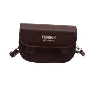 Minimalist small square crossbody bag in dark brown glossy leather with fashion lettering