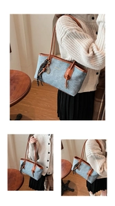 Three-way view of a textured light blue tote bag with brown leather trim and scarf detail