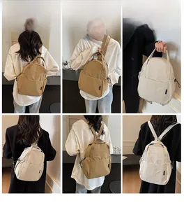 Vues détaillées d'un sac à dos en nylon élégant en beige et kaki avec poche avant