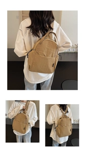 Détail du sac à dos kaki polyvalent avec poches à cordon et poignées supérieures