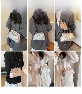 Detailed grid view of vintage floral embroidery handbags with metal handles and gold chains