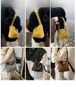 Vues détaillées de sacs à main en maille pelucheuse en jaune, marron et gris
