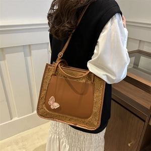 Women Faux Fur Plush Splicing PU Leather Tote Bag Butterfly Embroidery Large Capacity Handbag Shoulder Crossbody Bag