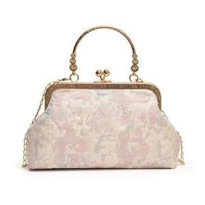 Elegant floral embroidery handbag with vintage metal handle and golden chain strap