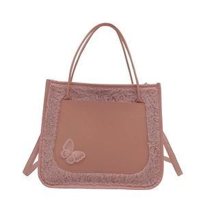 Chic Morandi pink PU and faux fur shoulder bag with elegant 3D butterfly embroidery