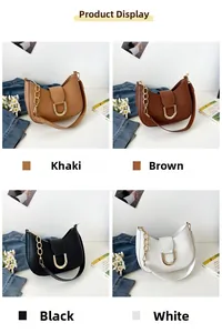 Collage of chic leather crescent underarm bags in khaki, brown, black, and white colors