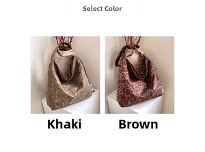 Comparison of khaki and brown leopard print tote bags in textured leather finish