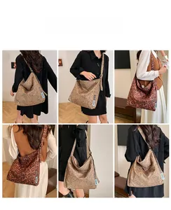 Fashionable leopard print tote bag with wide shoulder strap shown on a model from various angles