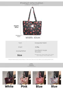 Detailed technical specifications and size chart for the strawberry print tote bag