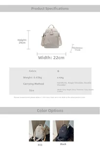 Detailed sizing chart and specifications for the nylon backpack with multi-carry options