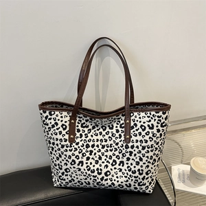 Women Leopard Print Canvas Tote Bag Large Capacity Shoulder Bag With Brown Handles Gold Rivets For School Commute Work