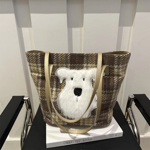 Brown plaid wool tote bag with white schnauzer plush patch and slim gold handles