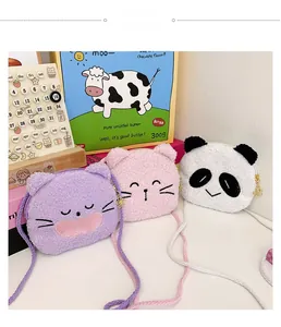 Detailed set of cute plush panda and cat crossbody bags with colorful woven straps