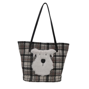 Large capacity tweed plaid tote bag with plush dog applique and black leather shoulder straps
