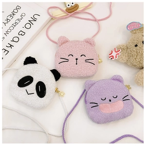 Detailed view of plush panda and cat crossbody bags with zipper closure and rope strap