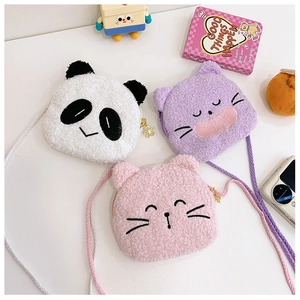 Detail of plush panda and cat crossbody bags with zipper flower pendant and woven straps