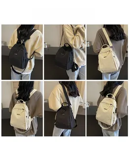 Detail shots of versatile nylon backpacks in black and beige with adjustable straps