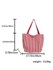 Detail view of red striped canvas tote bag with dimensions and 30cm handle height