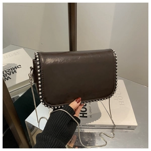 Detail of dark brown crossbody bag with silver rivet edges and metal chain strap