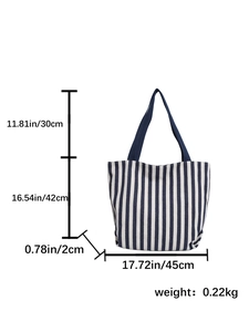 Detailed dimensions of blue striped canvas tote bag showing size 45x42cm and weight