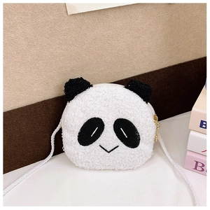 Close-up of cute plush panda crossbody bag with fluffy texture and metal zipper
