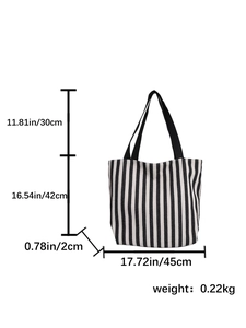 Detailed size chart showing dimensions for large striped canvas tote bag with black handles