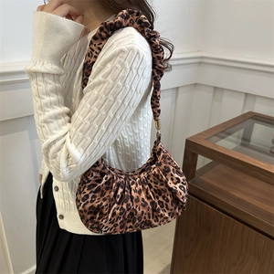 Fashionable leopard print underarm bag with pleated texture and soft fabric material