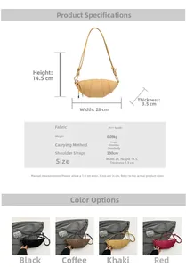 Detailed dimension guide showing the minimalist horn-shaped crossbody bag size and fabric