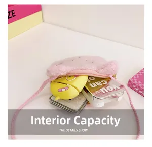 Detail view of the interior capacity of the pink plush panda crossbody coin purse