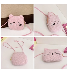 Detailed views of a pink plush cat crossbody bag with soft faux fur and flower zipper