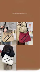Détails d'un sac bandoulière décontracté avec plusieurs poches zippées en trois coloris divers