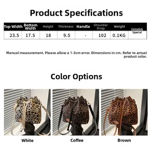 Detailed size specifications and color comparison of leopard print drawstring bucket bag