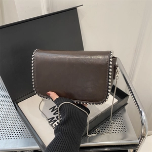 Chic dark brown PU leather crossbody bag with silver bead trim and elegant chain strap