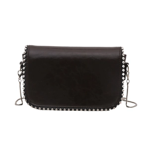 Dark brown square crossbody bag with silver rivet trim and metal chain strap on white background