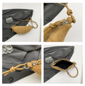 Detailed views of croissant bag showing matte texture, stitching, and metal zipper hardware