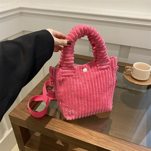 Rose pink corduroy tote bag with ruffled cloud handle and detachable shoulder strap