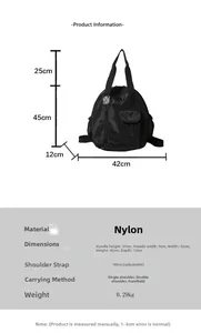 Detailed size chart for the black nylon backpack showing dimensions and features