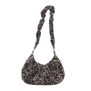 Leopard print underarm bag with pleated hobo cloud shape and scrunchie shoulder strap