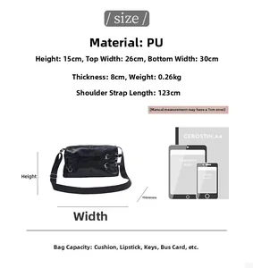 Detailed size specifications for the black minimalist PU leather shoulder bag with buckle