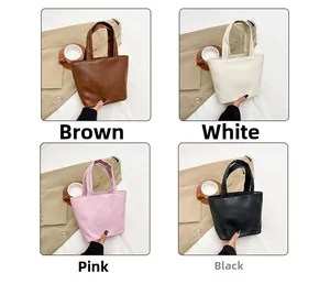 Collage of four textured leather tote bags in brown, white, pink and black colors